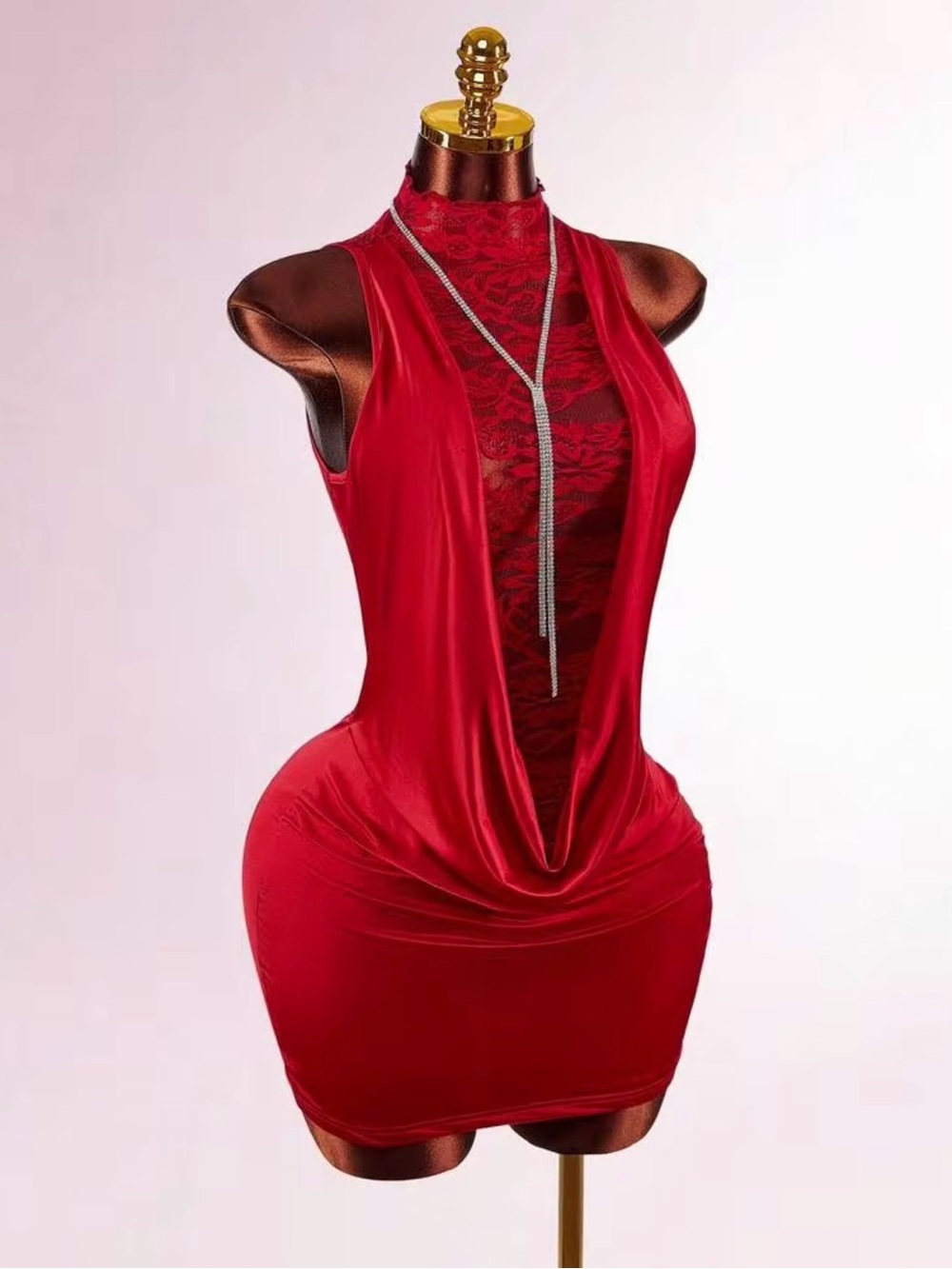 Red Lace-Inset Cowl Neck Bodycon Dress